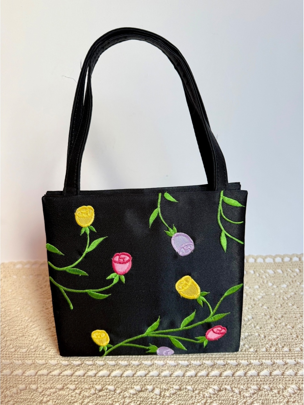 Sasha Black Embroidered Rose Floral Mini Handbag Purse Crossbody Shoulder Bag
